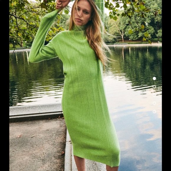 Zara Dresses & Skirts - Zara High Collar Knit Ribbed Midi Dress Mid Green